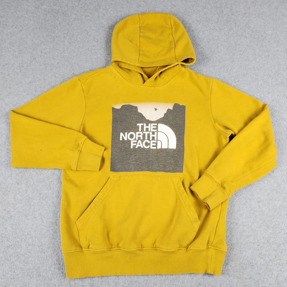 The North Face Hoodie Boys M 10/12 Yellow Graphic Box Logo Fleece Lined Pullover